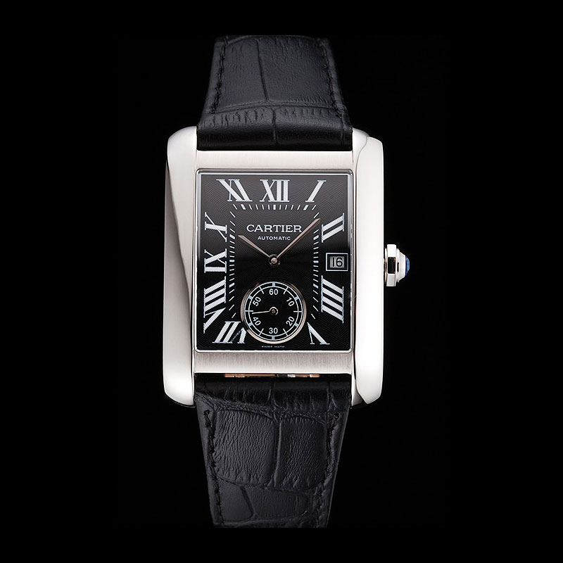 Swiss Cartier Tank MC Black Dial Stainless Steel Case Black Leather Strap CTR6137