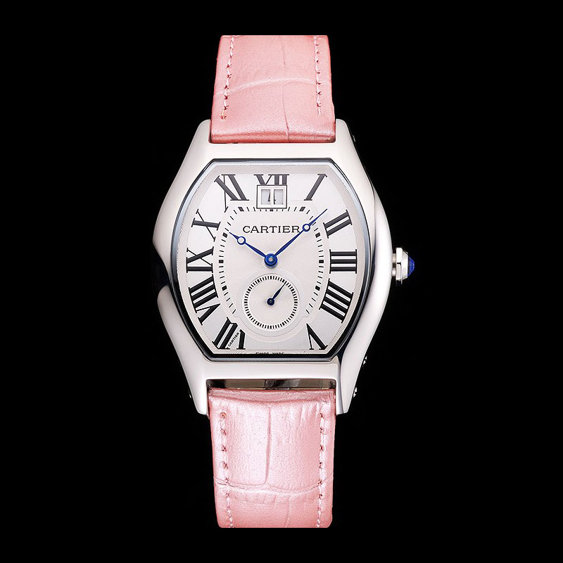 Cartier Tortue Large Date White Dial Stainless Steel Case Pink Leather Strap CTR6147