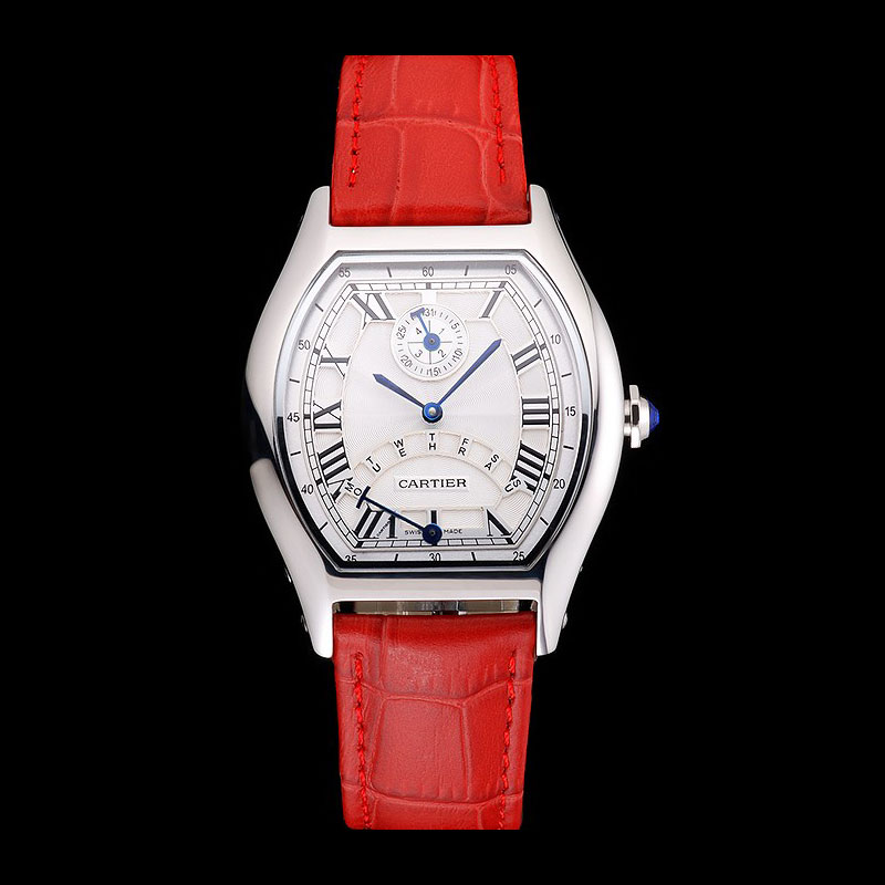 Cartier Tortue Perpetual Calendar White Dial Stainless Steel Case Red Leather Strap CTR6148