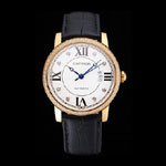 Swiss Cartier Ronde Solo White Dial Gold Diamond Case Black Leather Strap CTR5968