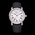 Cartier Rotonde White Dial Stainless Steel Case Black Leather Strap CTR6002
