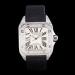 Swiss Cartier Santos Silver Bezel with Diamonds and Black Leather Strap sct47 CTR6044