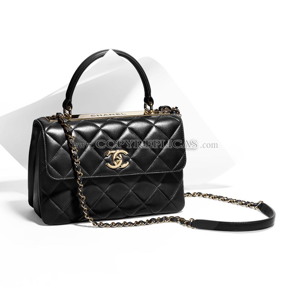 Chanel Flap bag with top handle lambskin light gold metal black A92236 Y60767 94305 - Photo-2