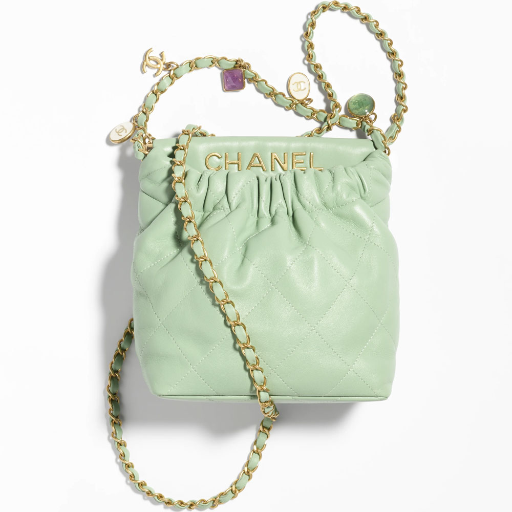 Chanel Lambskin resin gold Light Green Small Bucket Bag AS3793 B10197 NM369