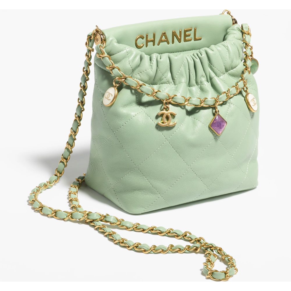 Chanel Lambskin resin gold Light Green Small Bucket Bag AS3793 B10197 NM369 - Photo-2