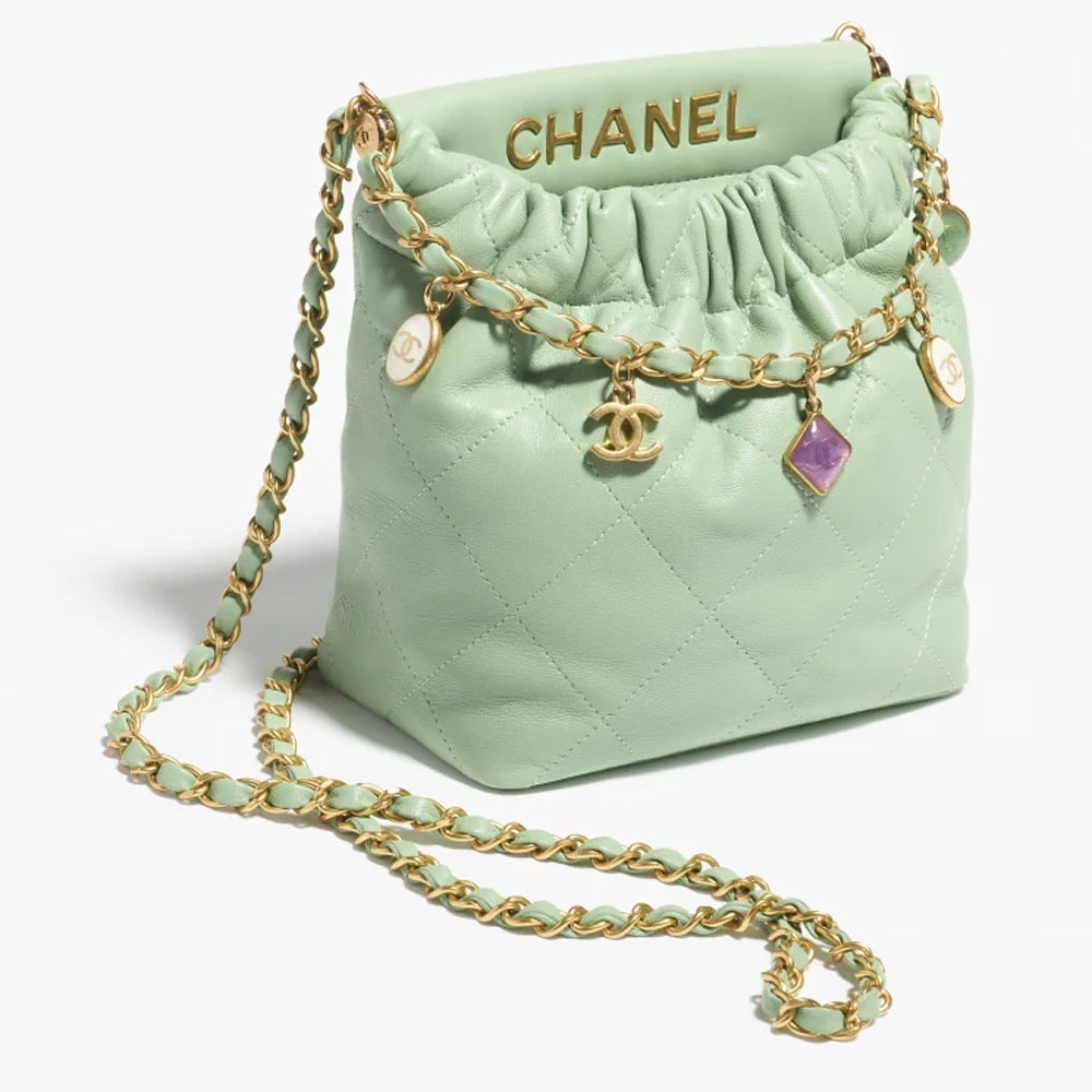 Chanel Lambskin resin gold Light Green Small Bucket Bag AS3793 B10197 NM369 - Photo-3