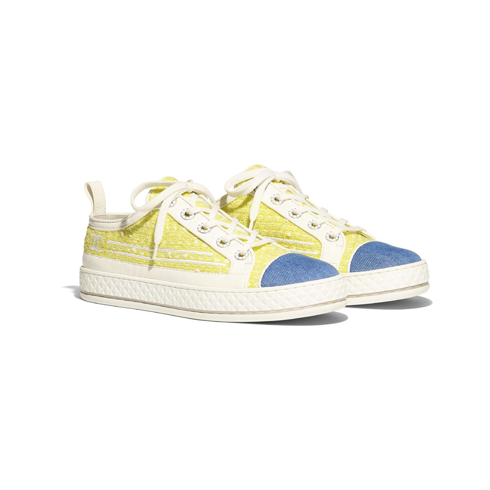 Chanel Tweed Denim Yellow White Blue Sneakers G34578 Y52222 K1500 - Photo-2