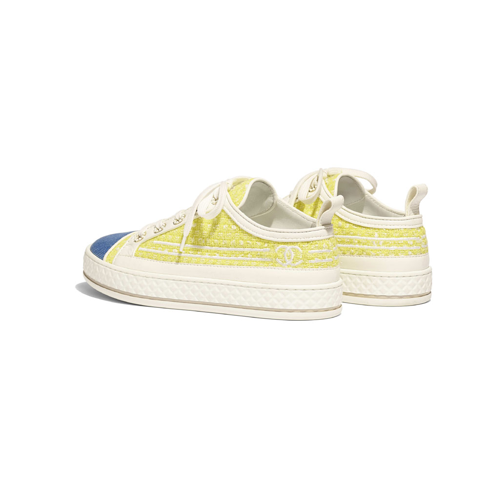Chanel Tweed Denim Yellow White Blue Sneakers G34578 Y52222 K1500 - Photo-3
