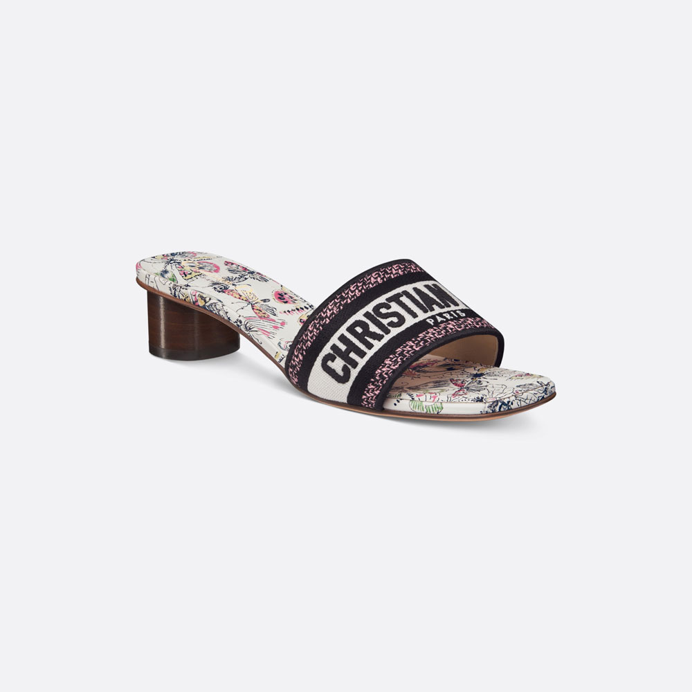 Dior Dway Heeled Slide White Cotton Embroidered KCQ902FBM S43L