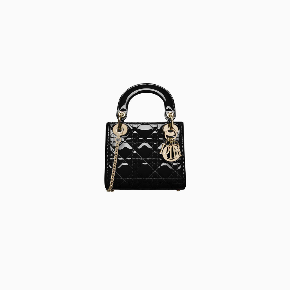 mini lady dior bag with chain in black patent cannage calfskin M0505OVRB M900