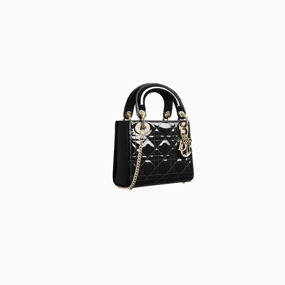 mini lady dior bag with chain in black patent cannage calfskin M0505OVRB M900 - Photo-2