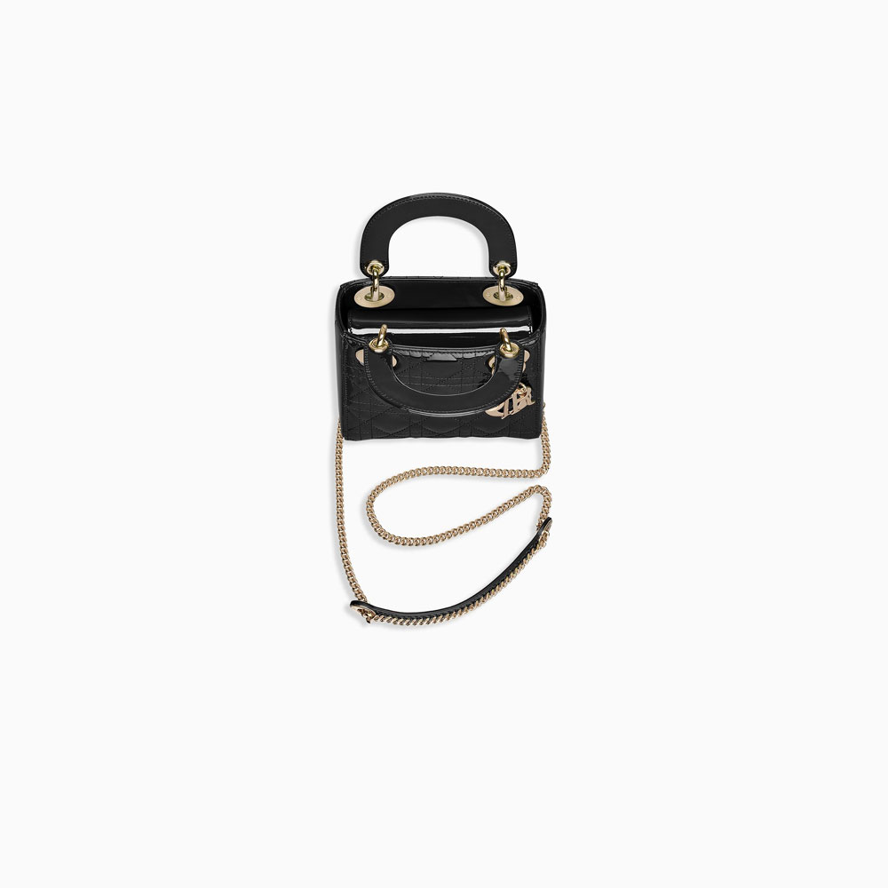 mini lady dior bag with chain in black patent cannage calfskin M0505OVRB M900 - Photo-3