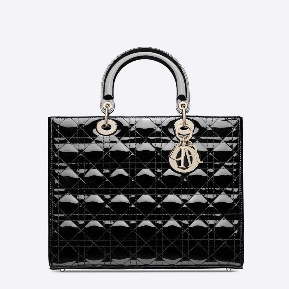 Large Lady Dior Bag Black Patent Cannage Calfskin M0566OWCB M900