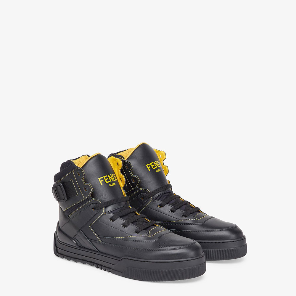 Fendi Sneakers Black Leather High Tops 7E1397 SNY F0ABB - Photo-2