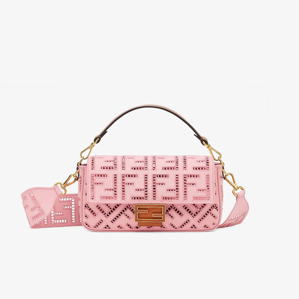 Fendi Baguette Pink Canvas Bag With Embroidery 8BR600 AF2V F1DST