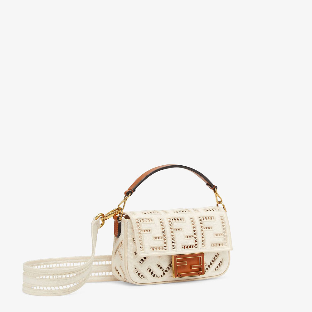 Fendi Baguette Mini White Canvas Bag With Embroidery 8BS017 AF2V F1DSV - Photo-2