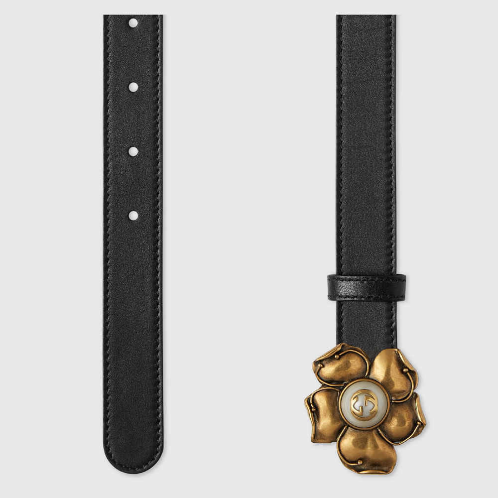 Gucci Leather belt with metal flower 431438 AP00T 1000 - Photo-2