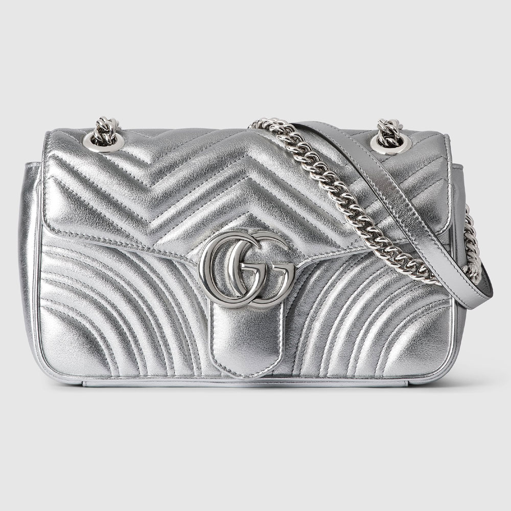 Gucci GG Marmont Small Shoulder Bag In Silver Leather 443497 AAESP 8106