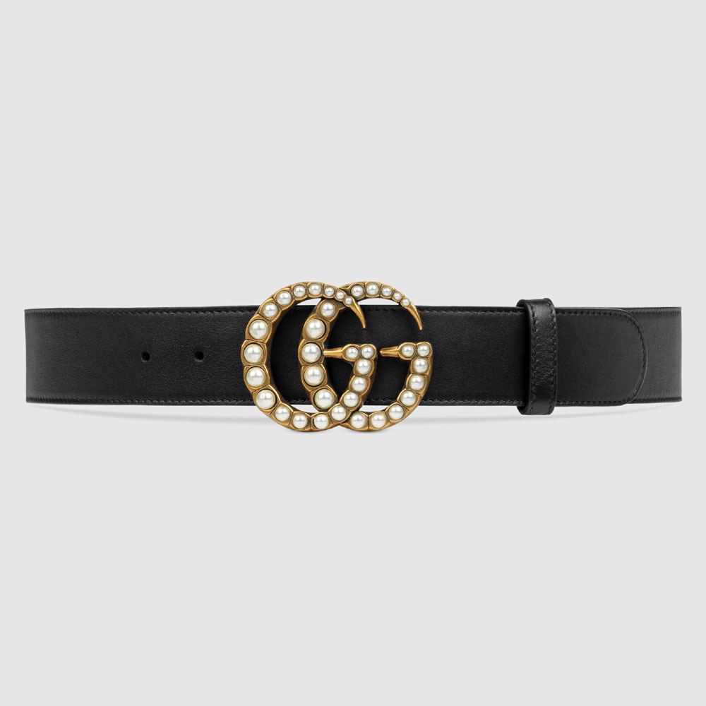 Gucci Leather belt with pearl Double G 453260 DLX1T 9094