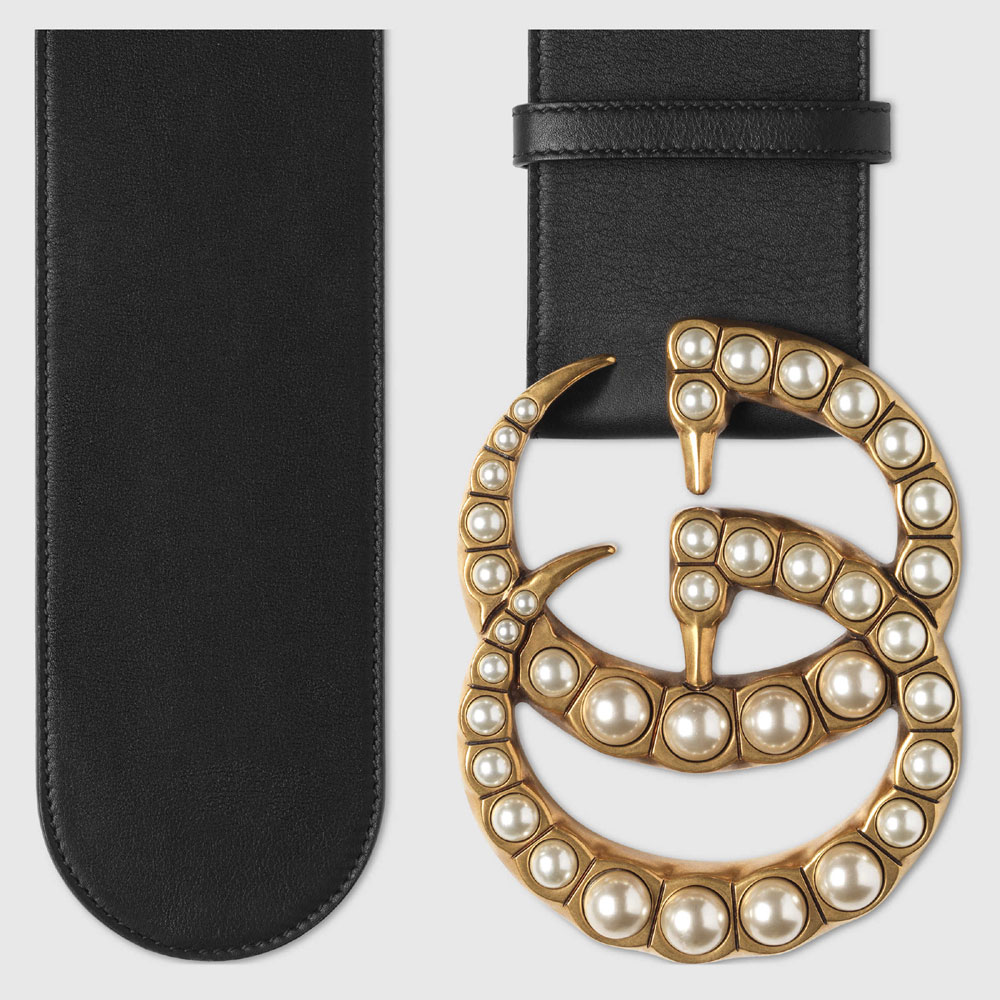Gucci Wide leather belt with pearl Double G 453261 DLX1T 9094 - Photo-2