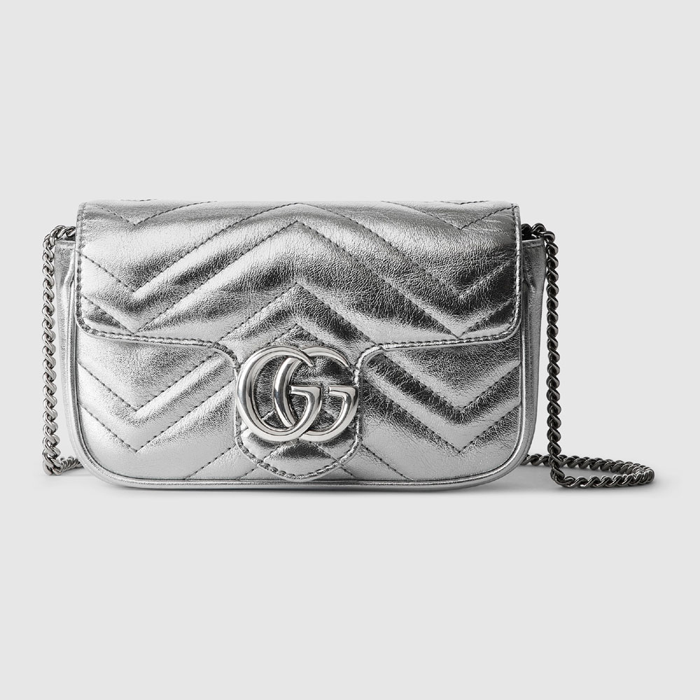 Gucci GG Marmont Super Mini Bag In Silver Leather 476433 AAESE 8106