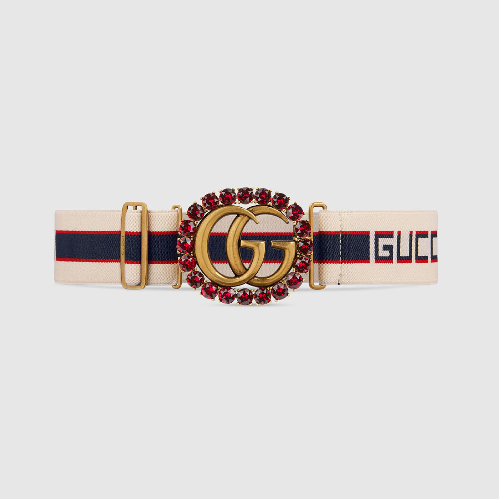Gucci stripe belt with Double G and crystals 499636 HIH3T 9588