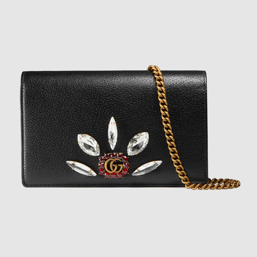 Gucci Leather mini chain bag with Double G and crystals 499782 CWGIT 8238
