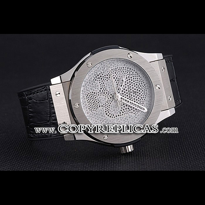 Hublot Classic Fusion Diamond Skull Dial Stainless Steel Case Black Leather Strap HB6253 - Photo-3