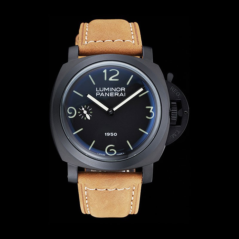 Panerai Luminor Black Ionized Stainless Steel Case Black Dial Brown Suede Leather Strap PAM6512