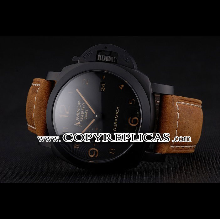 Swiss Panerai Luminor GMT Ceraica Black Dial Black Case Brown Leather Strap PAM6524 - Photo-2
