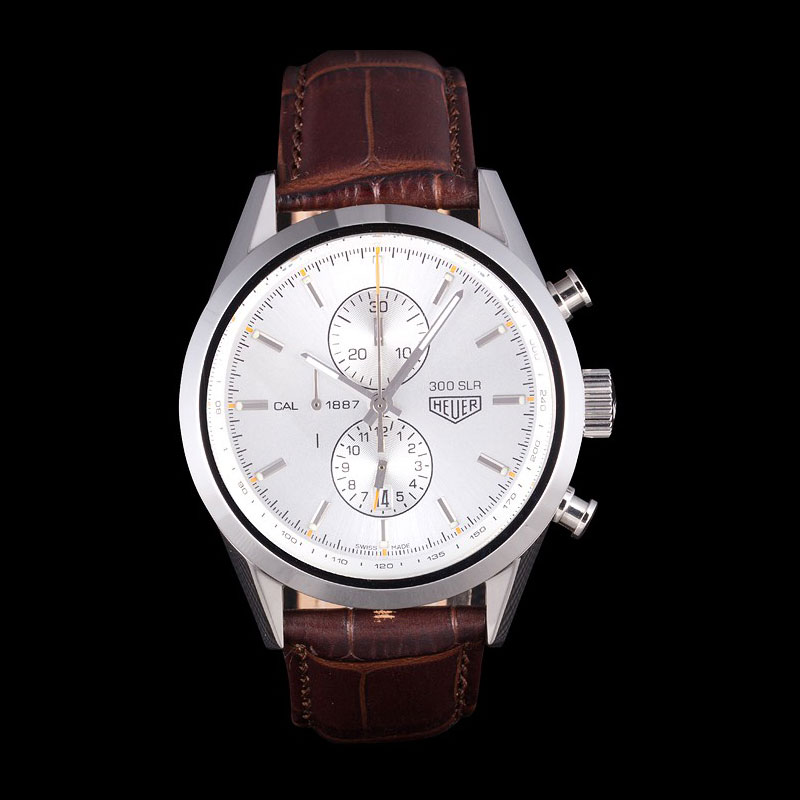 Tag Heuer SLR Brushed Stainless Steel Case Silver Dial Brown Leather Strap TG6656