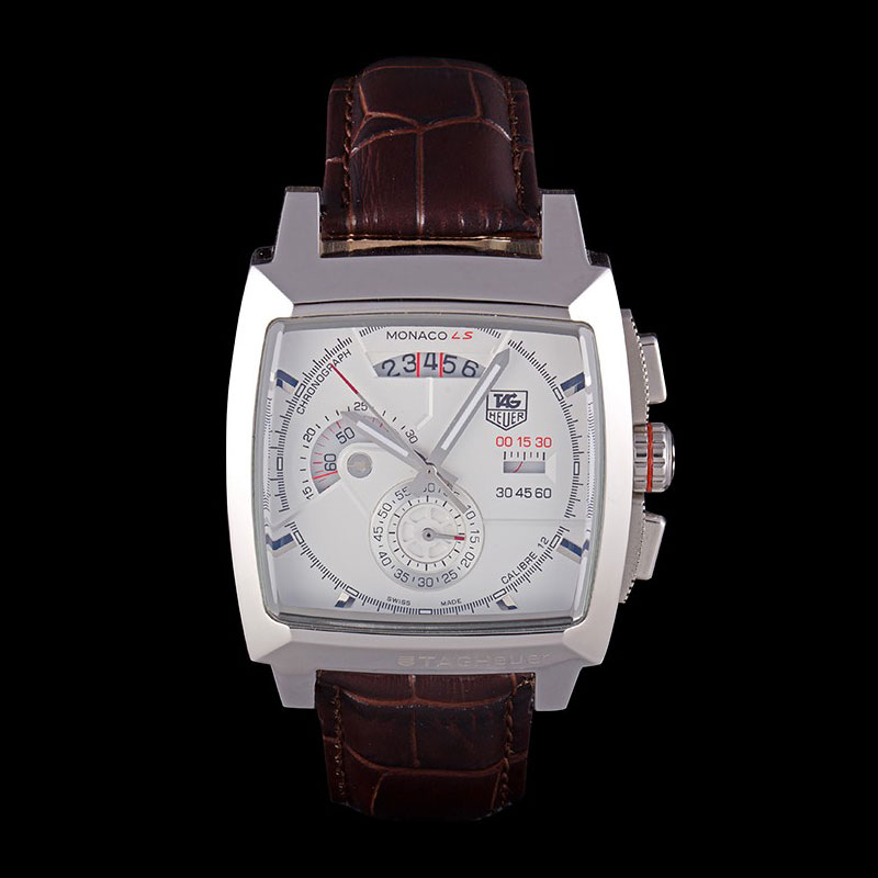 Tag Heuer Monaco Brushed Stainless Steel Case White Dial Brown Leather Strap TG6661