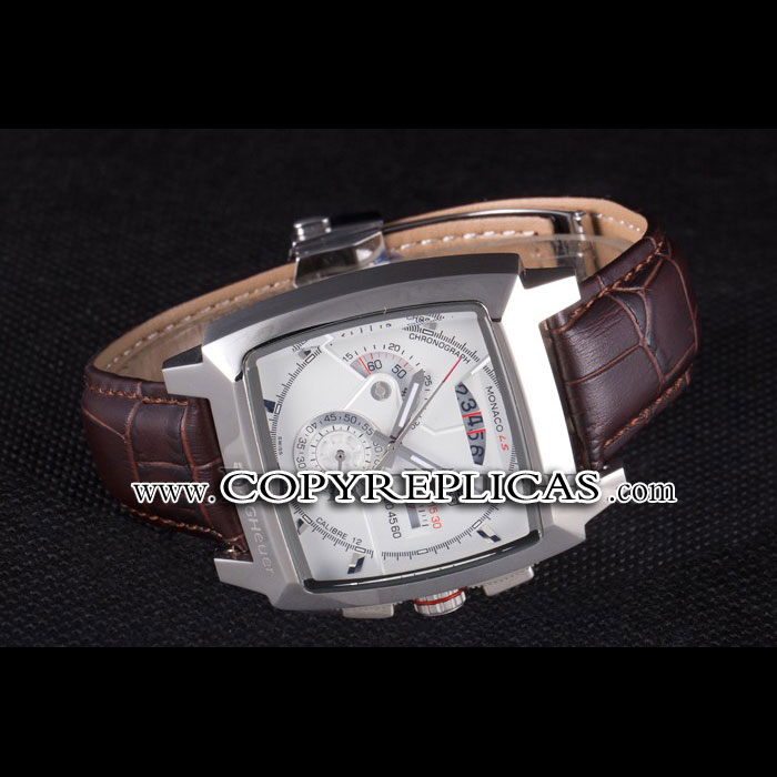 Tag Heuer Monaco Brushed Stainless Steel Case White Dial Brown Leather Strap TG6661 - Photo-2