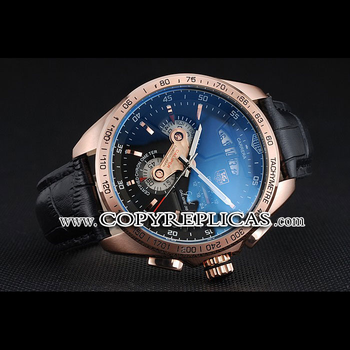 Tag Heuer Carrera Rose Gold Bezel with Black Dial and Black Leather Strap TG6678 - Photo-2