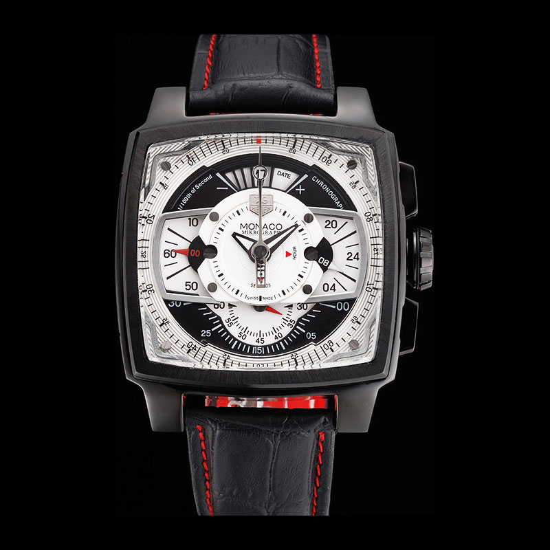 Tag Heuer Monaco Black-Red Perforated Leather Strap White Dial TG6688