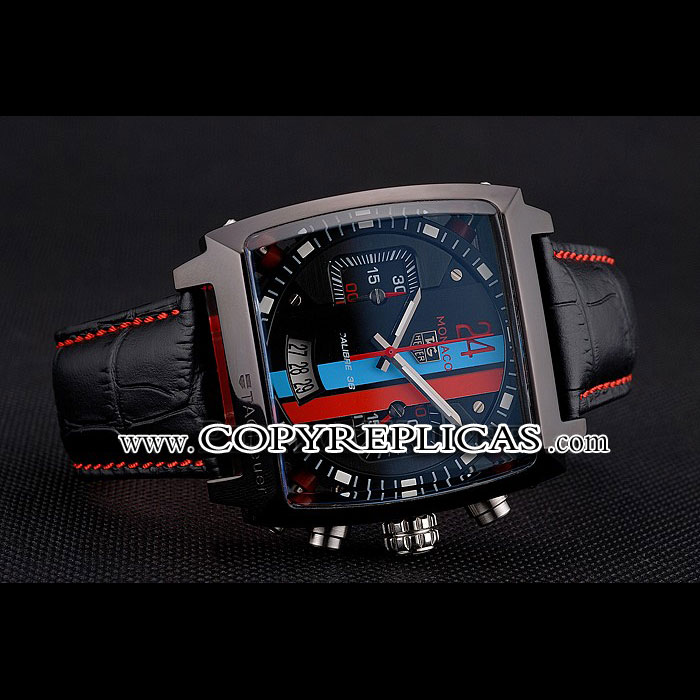 Tag Heuer Monaco Calibre 36 Blue And Red Dial Stripes Dial Black Leather Strap TG6709 - Photo-2