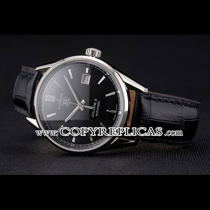 Swiss Tag Heuer Carrera Calibre 5 Black Dial Stainless Steel Case Black Leather Strap TG6711 - Photo-2