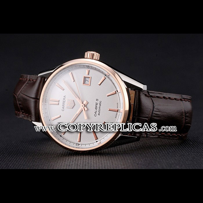 Swiss Tag Heuer Carrera Calibre 5 White Dial Rose Gold Case Brown Leather Strap TG6714 - Photo-2