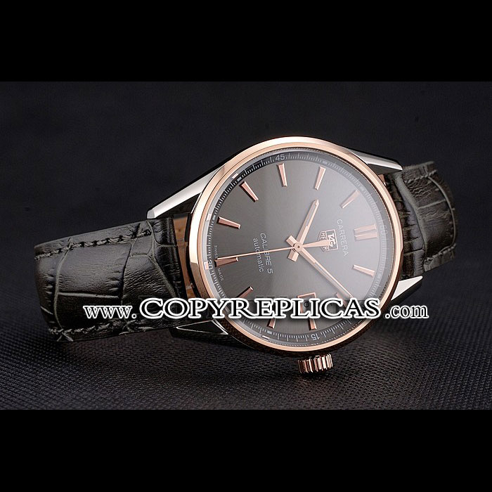 Swiss Tag Heuer Carrera Calibre 5 Gray Dial Rose Gold Case Black Leather Strap TG6715 - Photo-2