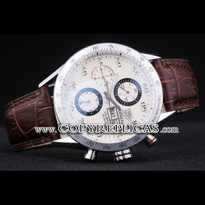 Tag Heuer Swiss Carrera Tachymeter Bezel Dark Brown Leather Strap White Dial TG6718 - Photo-2
