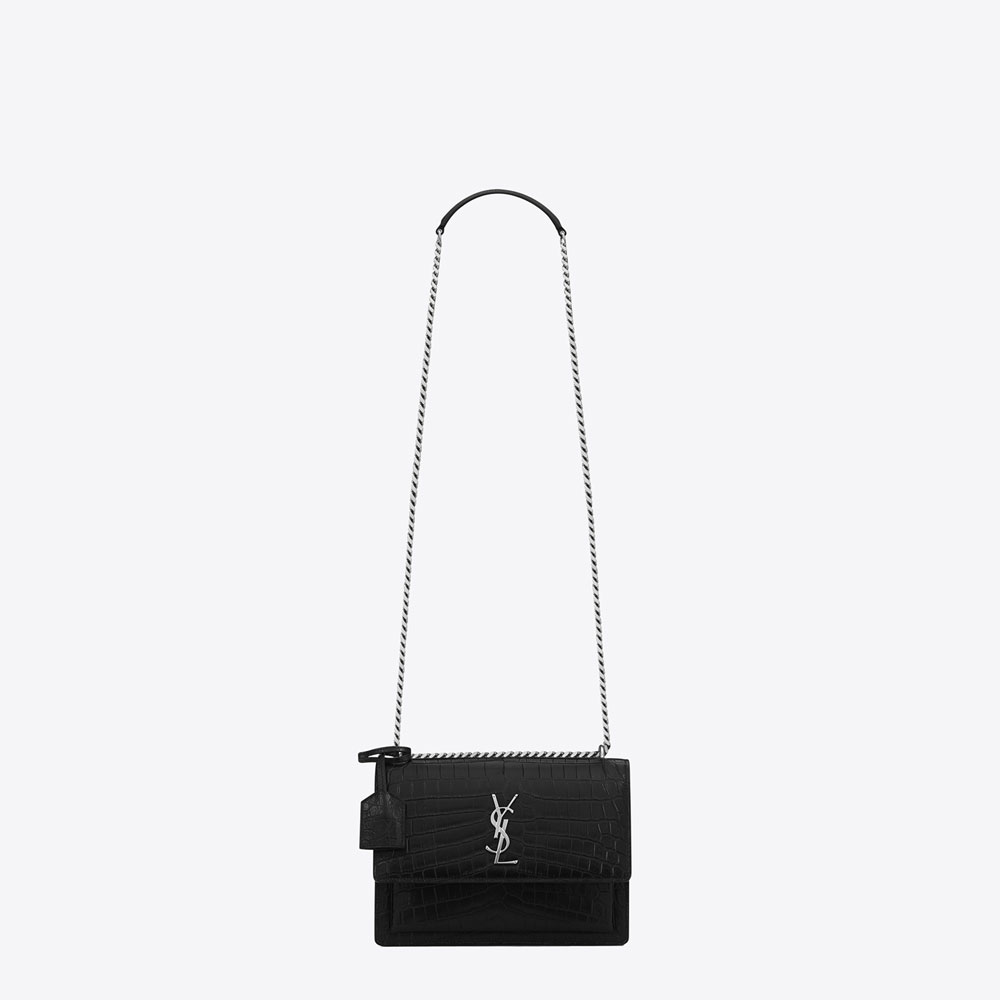 Saint Laurent Medium Sunset Bag In Black Crocodile Embossed Leather 45336013DD