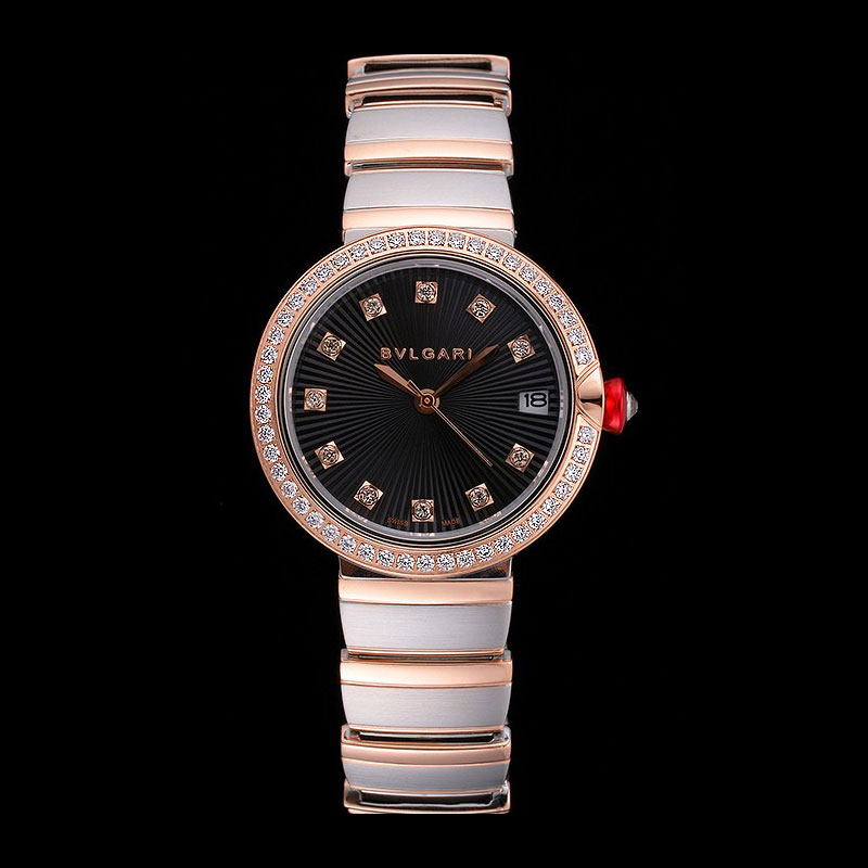 Bvlgari Lvcea Black Dial Diamond Hour Markings Rose Gold Case Diamonds Two Tone Bracelet BV5848