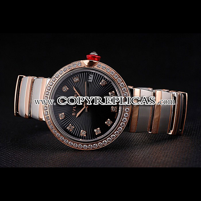 Bvlgari Lvcea Black Dial Diamond Hour Markings Rose Gold Case Diamonds Two Tone Bracelet BV5848 - Photo-2