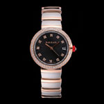 Bvlgari Lvcea Black Dial Diamond Hour Markings Rose Gold Case Diamonds Two Tone Bracelet BV5848