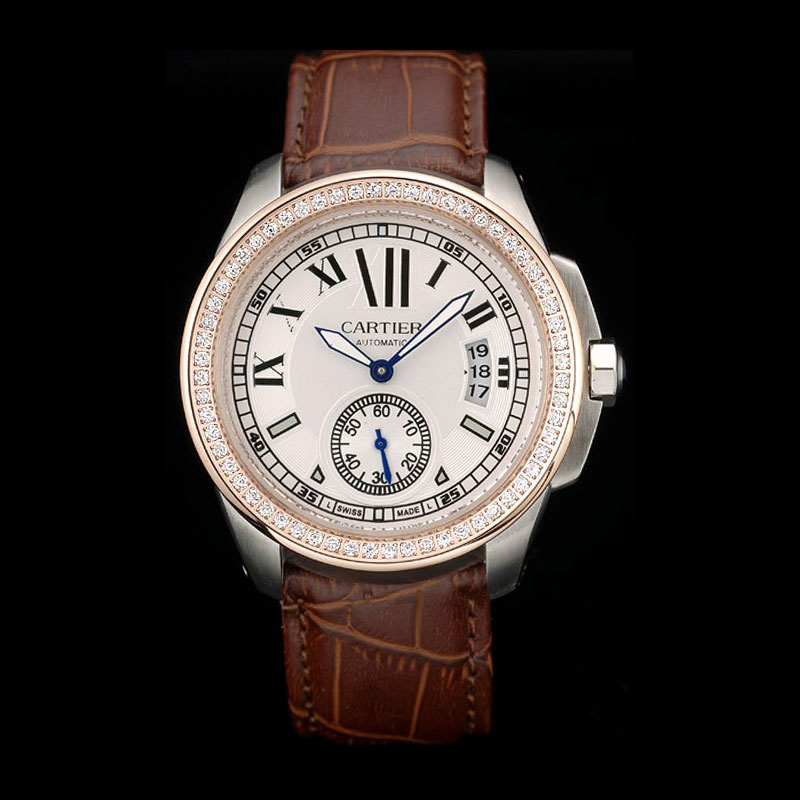 Cartier Calibre White Dial Diamonds Two Tone Case Brown Leather Bracelet CTR5929