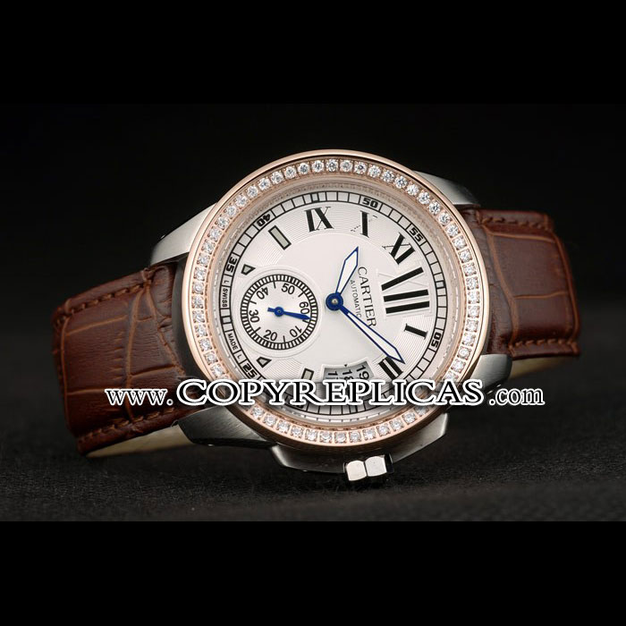 Cartier Calibre White Dial Diamonds Two Tone Case Brown Leather Bracelet CTR5929 - Photo-2