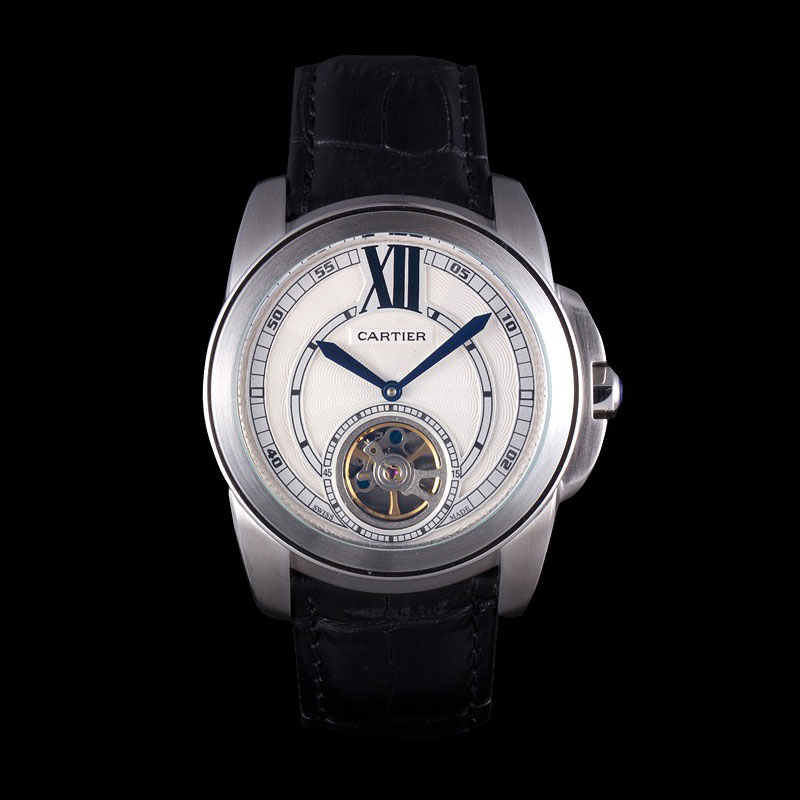 Cartier Calibre Flying Tourbillon White Dial Stainless Steel Case Black Leather Bracelet CTR5936