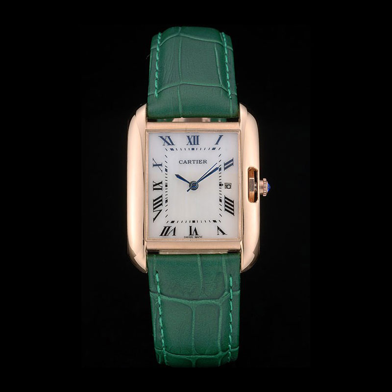 Cartier Tank Anglaise 30mm White Dial Gold Case Green Leather Bracelet CTR6106