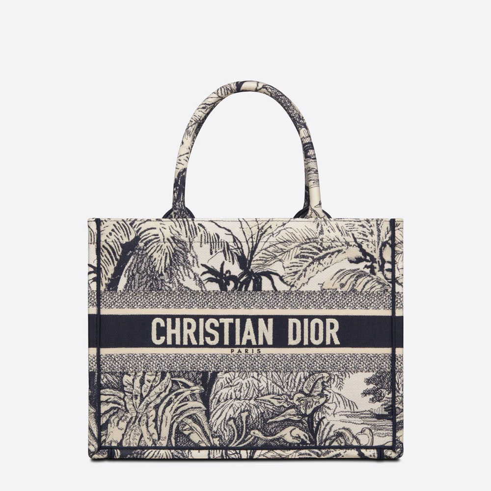 Small Dior Book Tote Blue Toile de Jouy Palms Embroidery M1296ZRFU M928
