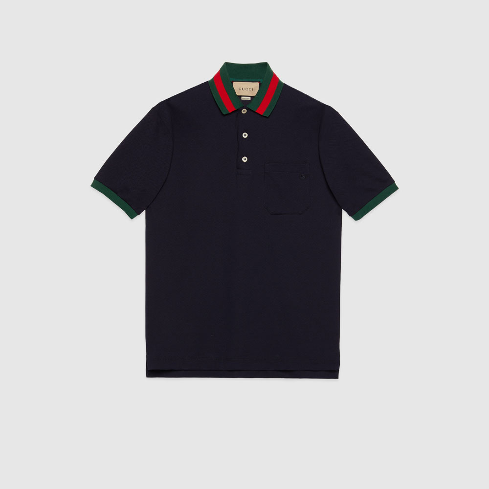 Gucci Cotton piquet polo with Web collar in navy 701735 XJELJ 4437